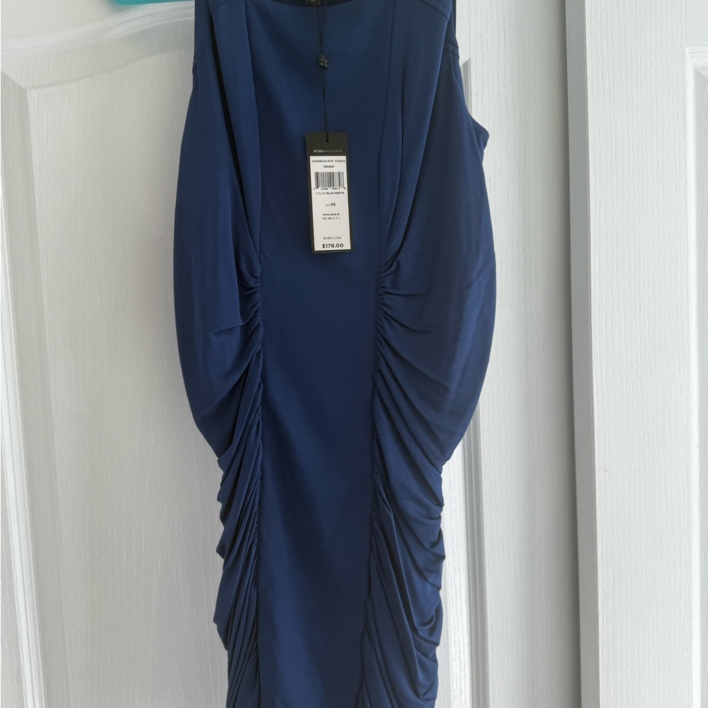 BCBGMaxAzria Navy Ruched Midi Dress
